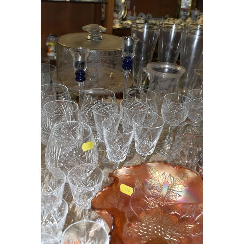 455 - A QUANTITY OF GLASSWARE, to include a set of eight acid etched cranberry wine glasses, three decante... 