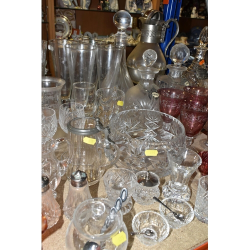 455 - A QUANTITY OF GLASSWARE, to include a set of eight acid etched cranberry wine glasses, three decante... 