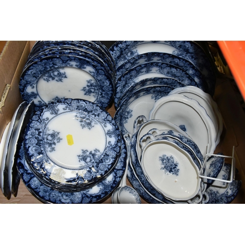 457 - THREE BOXES OF CERAMICS, to include a dinner set of J.H.W & Sons Belmont flow blue  design, Kutani l... 