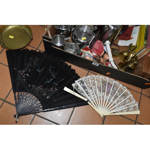 459 - FOUR BOXES OF MISCELLANEOUS ITEMS, to include  two  boxed hand painted ladies fans, a boxed Orlik ta... 