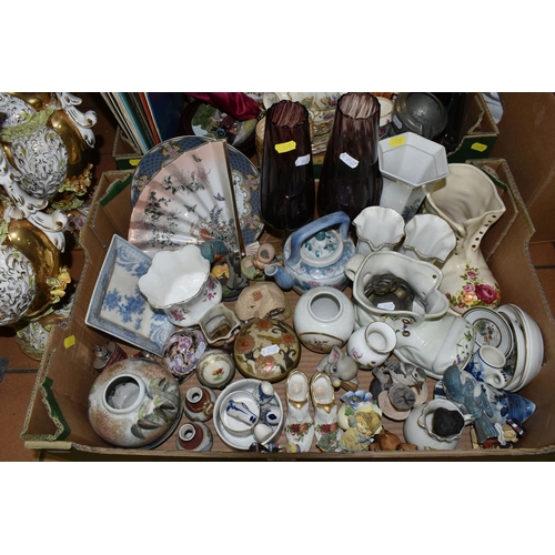 460 - TWO BOXES OF CERAMICS AND ORNAMENTS, to include two large Italian Capodimonte gilt jugs, a Price 'Ye... 