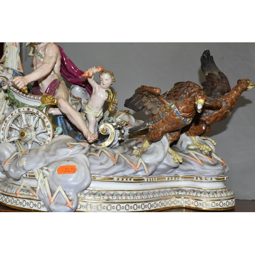 463 - A 19TH CENTURY MEISSEN MYTHOLOGICAL FIGURE GROUP OF JUPITER IN HIS CHARIOT, modelled after J.J. Kaen... 