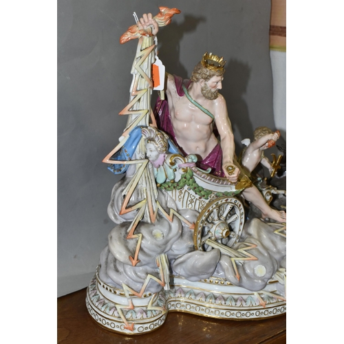 463 - A 19TH CENTURY MEISSEN MYTHOLOGICAL FIGURE GROUP OF JUPITER IN HIS CHARIOT, modelled after J.J. Kaen... 