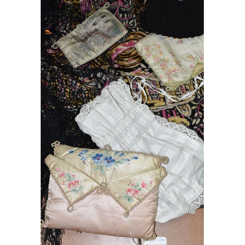 464 - TWO BOXES OF EARLY 20TH CENTURY HAND MADE LACE AND EMBROIDERY ITEMS, to include a silk and lace bonn... 