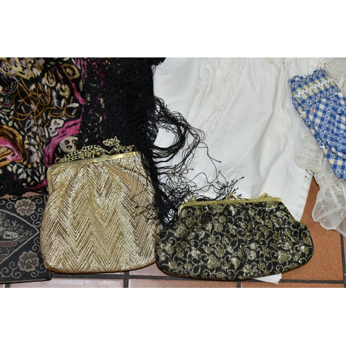 464 - TWO BOXES OF EARLY 20TH CENTURY HAND MADE LACE AND EMBROIDERY ITEMS, to include a silk and lace bonn... 