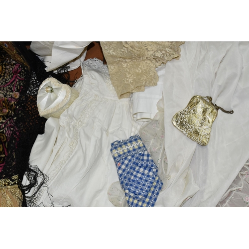 464 - TWO BOXES OF EARLY 20TH CENTURY HAND MADE LACE AND EMBROIDERY ITEMS, to include a silk and lace bonn... 