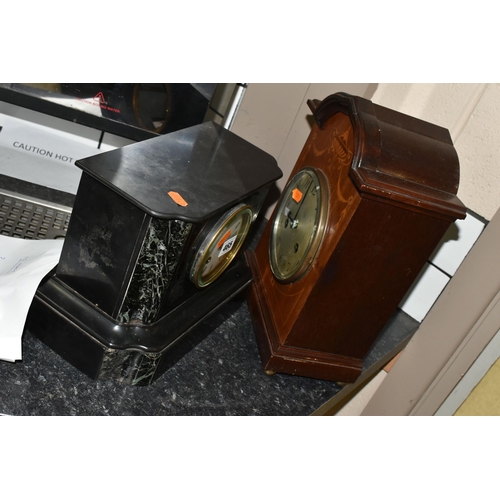 465 - TWO EARLY 20TH CENTURY CLOCKS, comprising an inlaid oak 'Junghans' mantel clock with white Arabic di... 