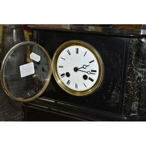 465 - TWO EARLY 20TH CENTURY CLOCKS, comprising an inlaid oak 'Junghans' mantel clock with white Arabic di... 