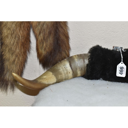 466 - TWO SETS OF MOUNTED HIGHLAND COW HORNS, together with two taxidermy fox tails (4)  (Condition report... 