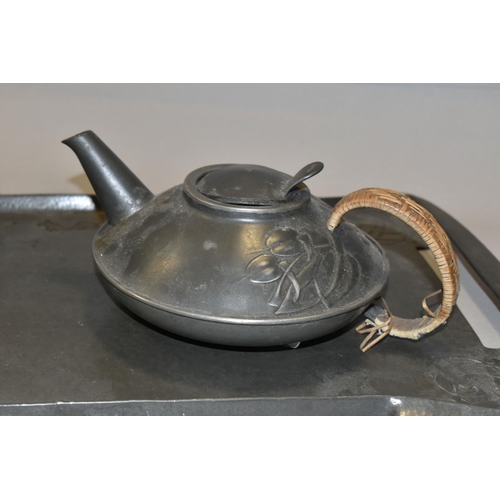 468 - AN ARTS AND CRAFTS SOLKETS ENGLISH PEWTER FIVE PIECE TEA SET,  designed by Archibald Knox for Libert... 