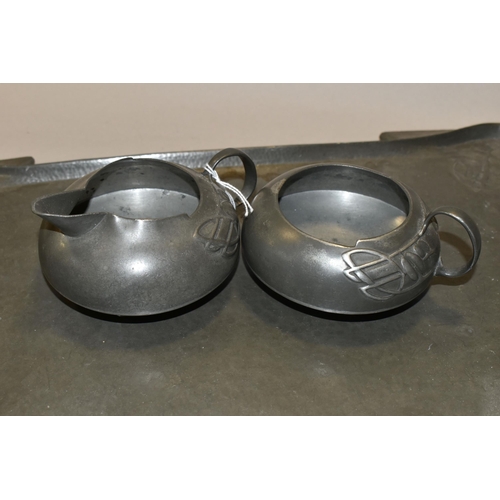 468 - AN ARTS AND CRAFTS SOLKETS ENGLISH PEWTER FIVE PIECE TEA SET,  designed by Archibald Knox for Libert... 