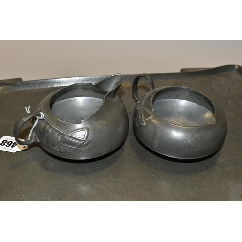 468 - AN ARTS AND CRAFTS SOLKETS ENGLISH PEWTER FIVE PIECE TEA SET,  designed by Archibald Knox for Libert... 