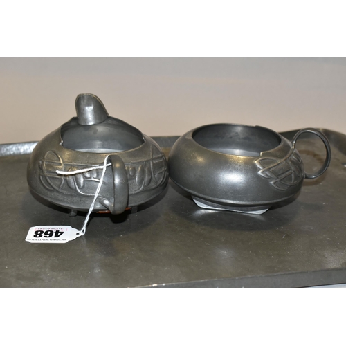 468 - AN ARTS AND CRAFTS SOLKETS ENGLISH PEWTER FIVE PIECE TEA SET,  designed by Archibald Knox for Libert... 