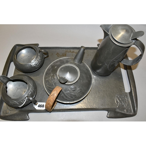 468 - AN ARTS AND CRAFTS SOLKETS ENGLISH PEWTER FIVE PIECE TEA SET,  designed by Archibald Knox for Libert... 