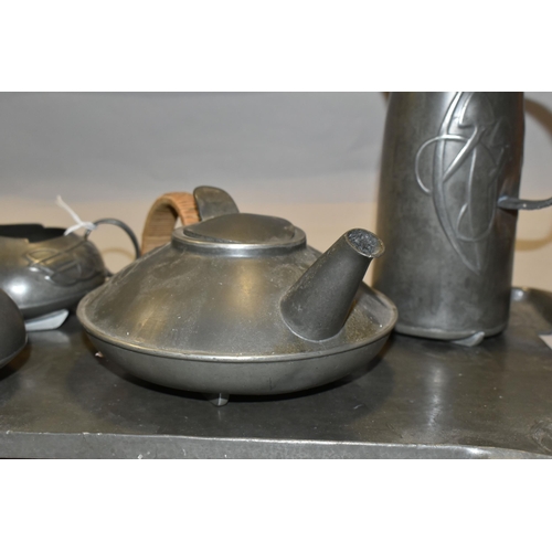 468 - AN ARTS AND CRAFTS SOLKETS ENGLISH PEWTER FIVE PIECE TEA SET,  designed by Archibald Knox for Libert... 