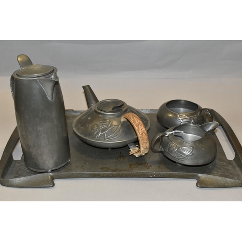 468 - AN ARTS AND CRAFTS SOLKETS ENGLISH PEWTER FIVE PIECE TEA SET,  designed by Archibald Knox for Libert... 