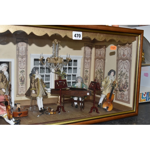 470 - A TABLETOP DIORAMA MODELLED AS A MUSIC ROOM, glass front opens to reveal a furnished room with a fiv... 