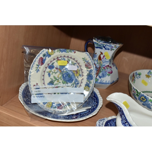 473 - A GROUP OF MASON'S IRONSTONE JUGS, comprising a blue and white 'Willow' pattern pitcher (cracked), a... 