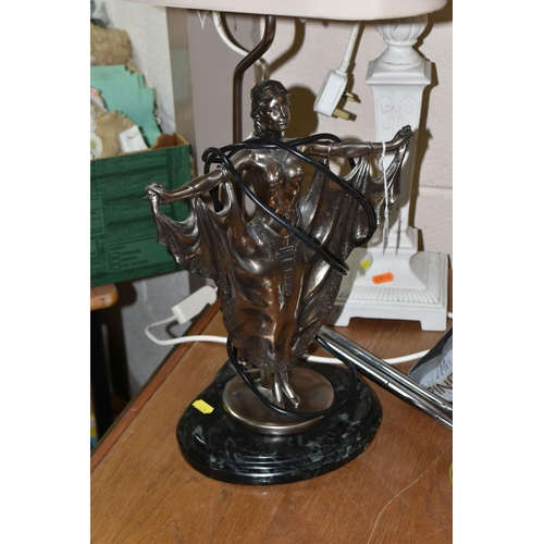 476 - A GROUP OF TABLE LAMPS, PICTURES AND SEWING MACHINE, to include a Roman style composite pedestal, he... 