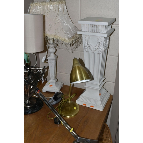 476 - A GROUP OF TABLE LAMPS, PICTURES AND SEWING MACHINE, to include a Roman style composite pedestal, he... 