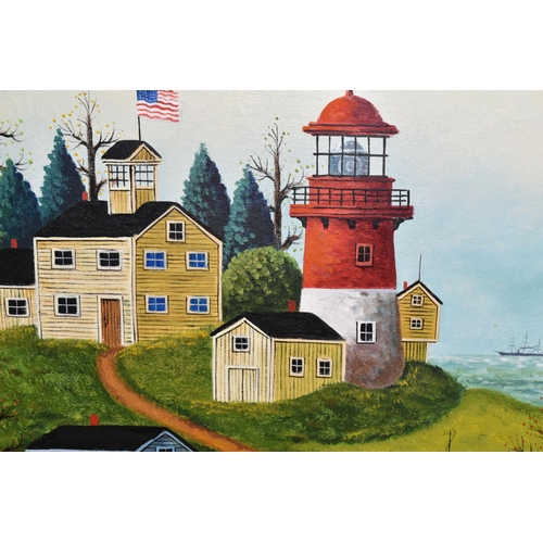 478 - A 20TH CENTURY NAIVE AMERICAN COASTAL LANDSCAPE, depicting a lighthouse, a building flying the Stars... 