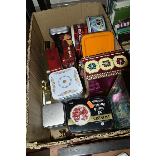 480 - SIX BOXES OF BOOKS, TINS AND PICTURES, to include over thirty modern biscuit advertising tins,  a la... 