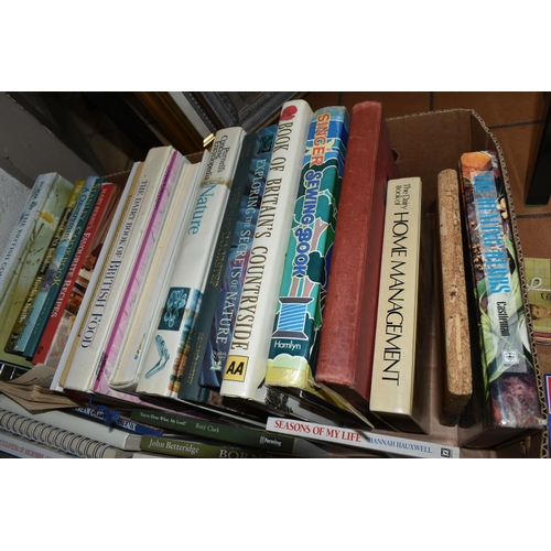 480 - SIX BOXES OF BOOKS, TINS AND PICTURES, to include over thirty modern biscuit advertising tins,  a la... 