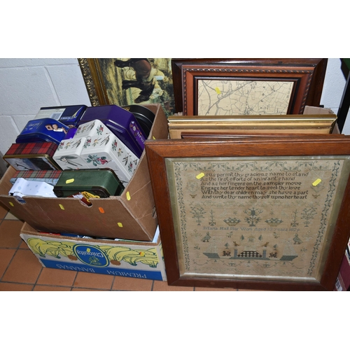 480 - SIX BOXES OF BOOKS, TINS AND PICTURES, to include over thirty modern biscuit advertising tins,  a la... 