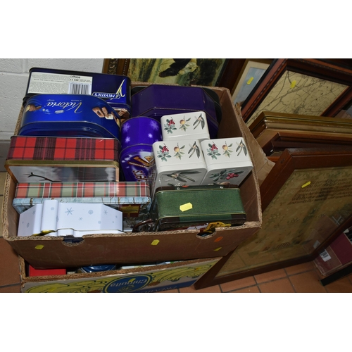 480 - SIX BOXES OF BOOKS, TINS AND PICTURES, to include over thirty modern biscuit advertising tins,  a la... 