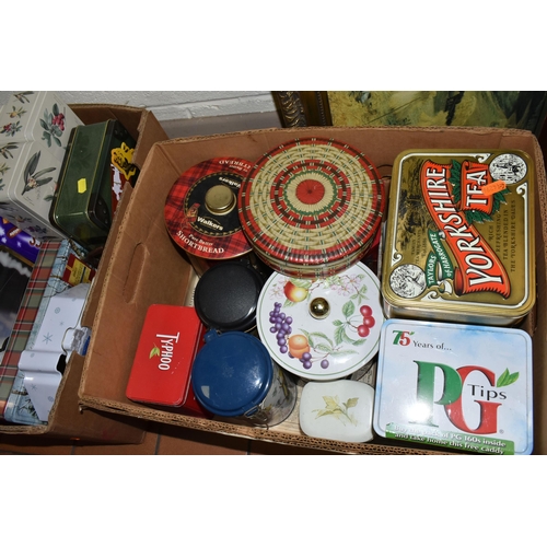 480 - SIX BOXES OF BOOKS, TINS AND PICTURES, to include over thirty modern biscuit advertising tins,  a la... 