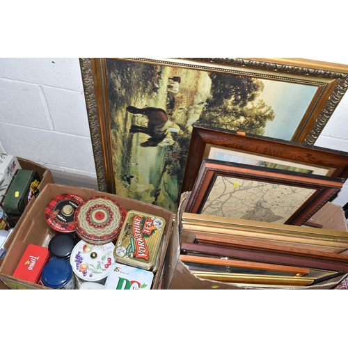 480 - SIX BOXES OF BOOKS, TINS AND PICTURES, to include over thirty modern biscuit advertising tins,  a la... 