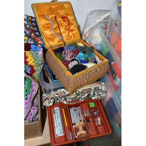 483 - FIVE BOXES AND LOOSE KNITTING SUPPLIES, to include fifty to sixty balls of yarn, mainly DK and 4-ply... 