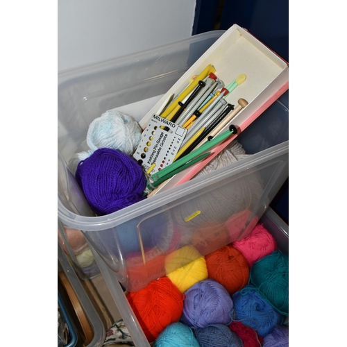 483 - FIVE BOXES AND LOOSE KNITTING SUPPLIES, to include fifty to sixty balls of yarn, mainly DK and 4-ply... 