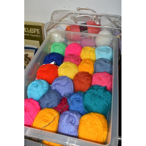 483 - FIVE BOXES AND LOOSE KNITTING SUPPLIES, to include fifty to sixty balls of yarn, mainly DK and 4-ply... 