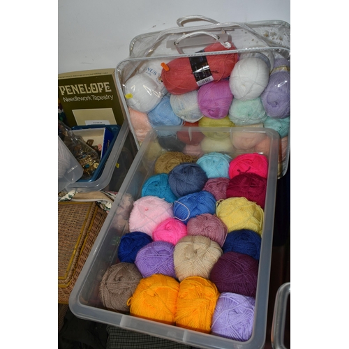 483 - FIVE BOXES AND LOOSE KNITTING SUPPLIES, to include fifty to sixty balls of yarn, mainly DK and 4-ply... 