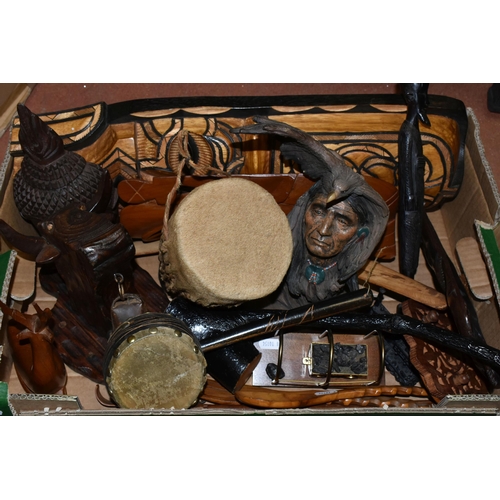 484 - A BOX OF WOODEN WORLDWIDE TOURIST ITEMS AND SIMILAR, to include four decorative masks in different s... 