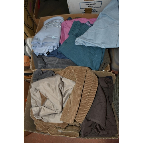 485 - TEN BOXES OF CLOTHING AND ACCESSORIES, to include ladies' knitwear, jackets, trousers, skirts, blous... 