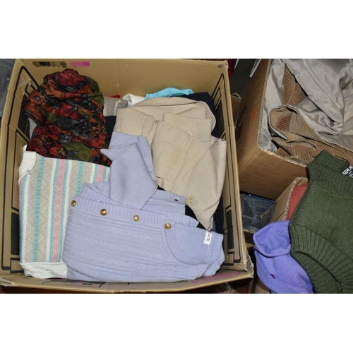 485 - TEN BOXES OF CLOTHING AND ACCESSORIES, to include ladies' knitwear, jackets, trousers, skirts, blous... 