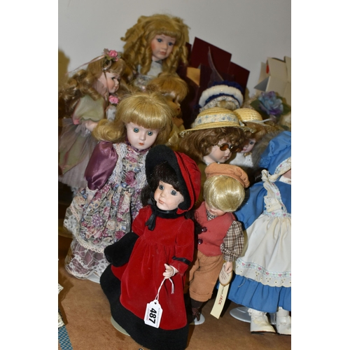 487 - A GROUP OF COLLECTORS DOLLS, seventeen male and female dolls, including pairs of Victorian style and... 