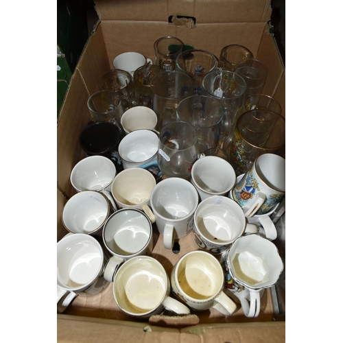 490 - THREE BOXES AND LOOSE PICTURES, CERAMICS, GLASSWARES AND SUNDRY ITEMS, to include a brass coach lamp... 