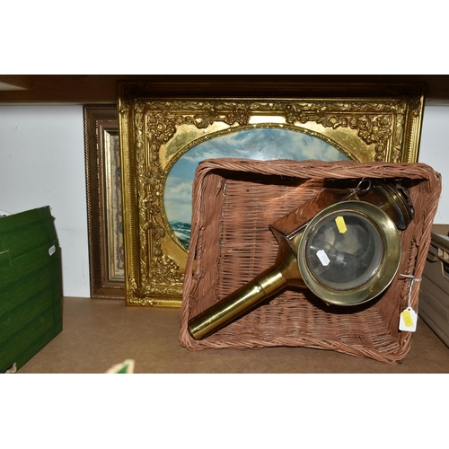 490 - THREE BOXES AND LOOSE PICTURES, CERAMICS, GLASSWARES AND SUNDRY ITEMS, to include a brass coach lamp... 