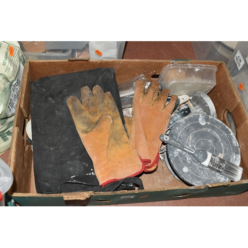 491 - EIGHT BOXES AND LOOSE POTTERY TOOLS AND EQUIPMENT, to include clay, moulds, turntable, scales, cutti... 