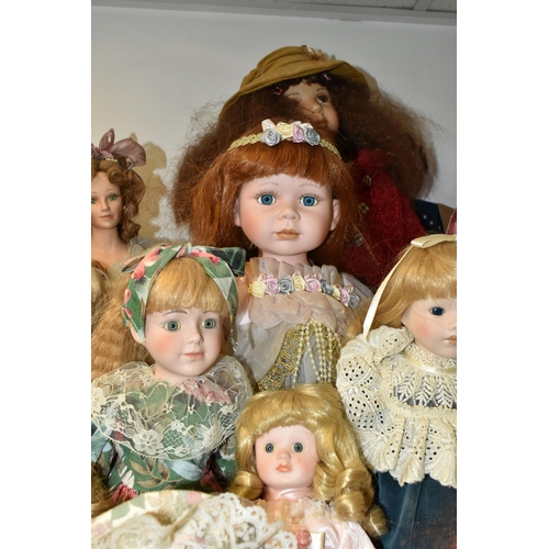 493 - A GROUP OF COLLECTORS DOLLS, fourteen female dolls, including dolls in historical costume, various m... 