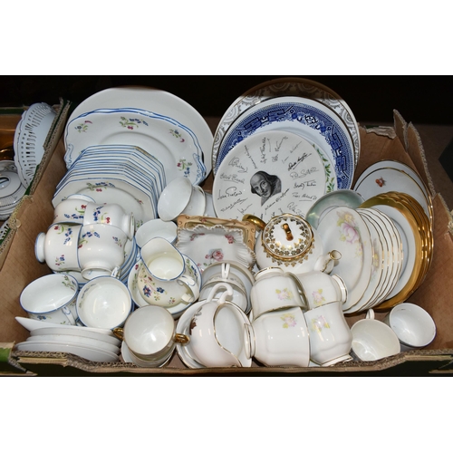 495 - THREE BOXES OF CERAMICS AND GLASS WARES, to include a thirty four piece Paragon English Bluebell tea... 