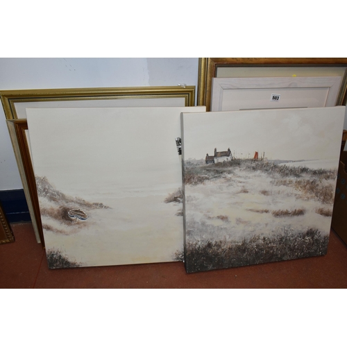 503 - A SMALL QUANTITY OF PAINTINGS AND PRINTS ETC, to include a Derek Firth water landscape 'Reflections ... 