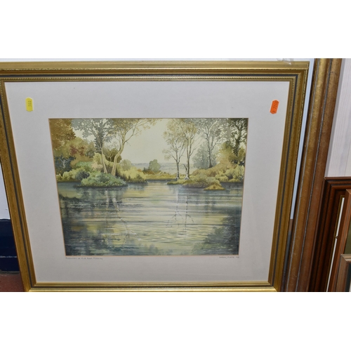 503 - A SMALL QUANTITY OF PAINTINGS AND PRINTS ETC, to include a Derek Firth water landscape 'Reflections ... 