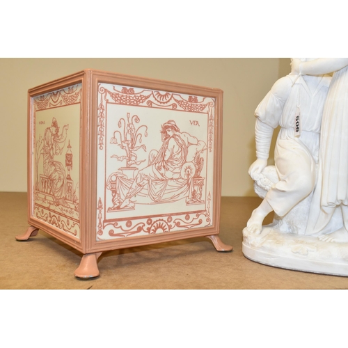 506 - A PILKINGTONS TILE PLANTER, together with an alabaster sculpture of 'Paul and Virginie', height 38cm... 