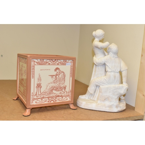 506 - A PILKINGTONS TILE PLANTER, together with an alabaster sculpture of 'Paul and Virginie', height 38cm... 