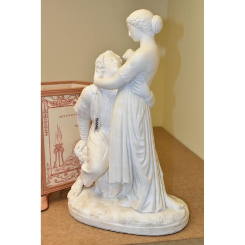 506 - A PILKINGTONS TILE PLANTER, together with an alabaster sculpture of 'Paul and Virginie', height 38cm... 