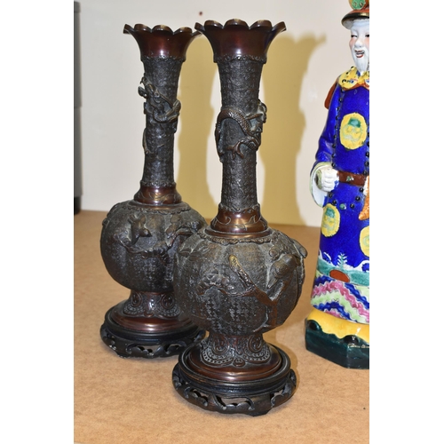 507 - A PAIR OF ORIENTAL BRONZED VASES, together with a Chinese Emperor figure, height 46cm, impressed Chi... 